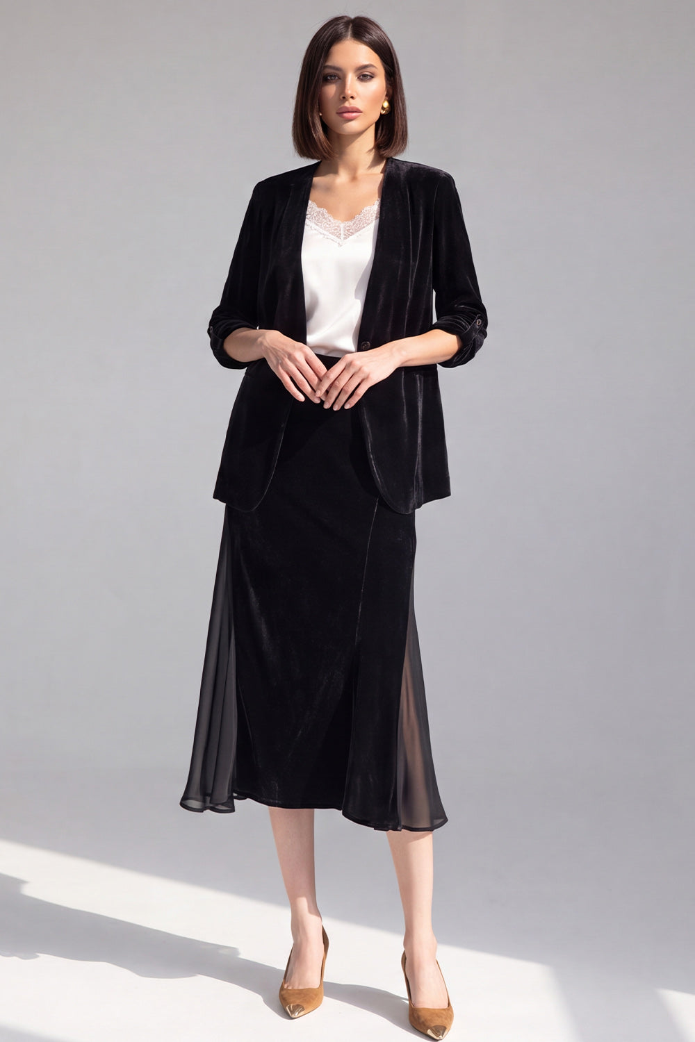 2 Piece Black One Button Velvet Shawl Lapel Blazer Dress