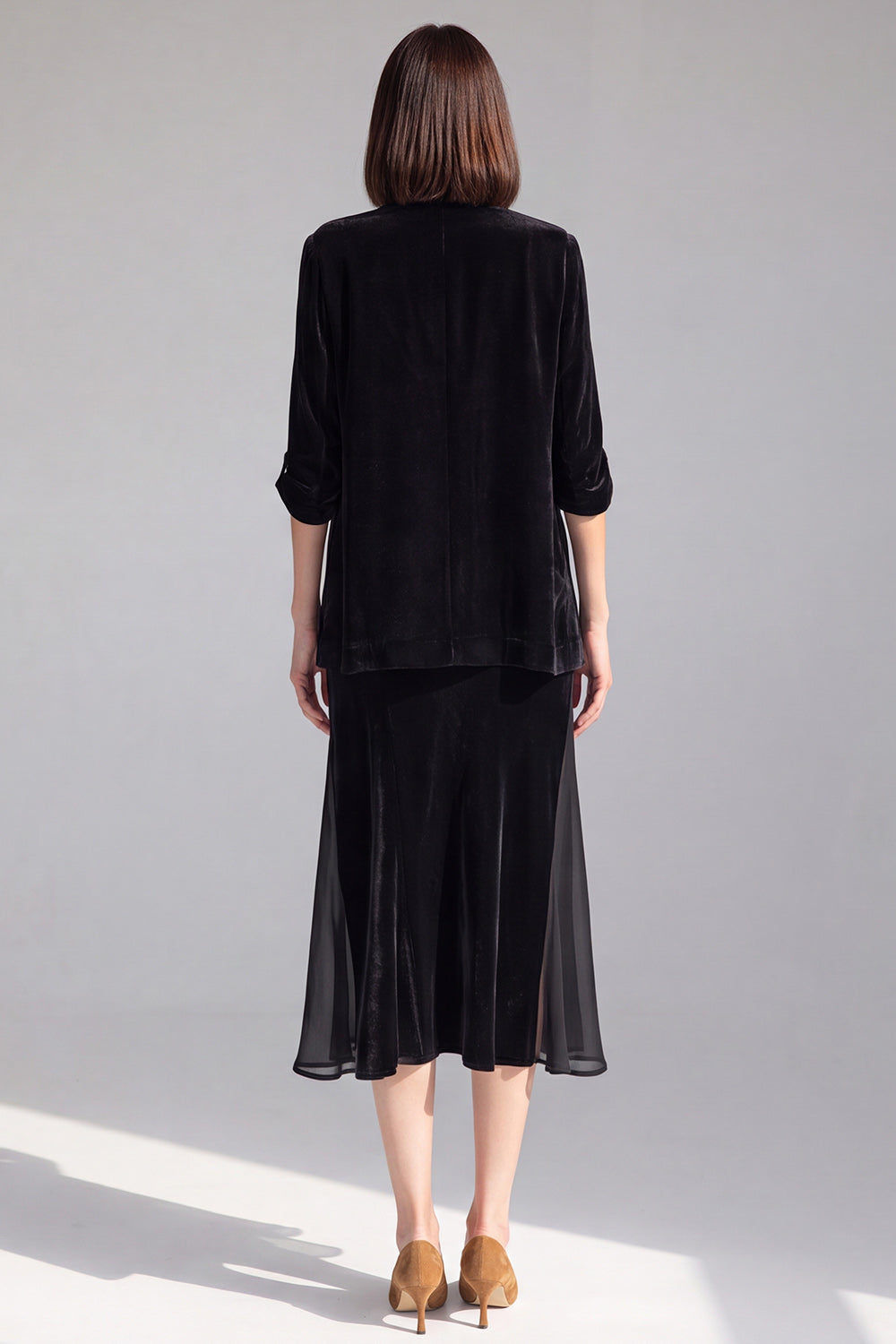 2 Piece Black One Button Velvet Shawl Lapel Blazer Dress