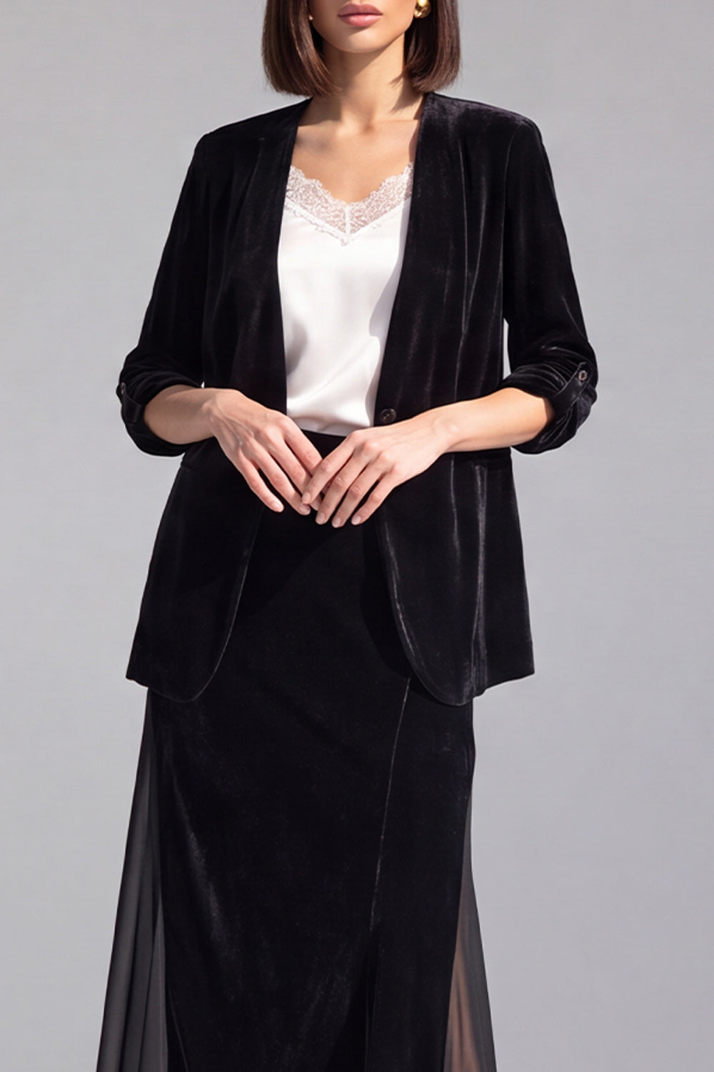 2 Piece Black One Button Velvet Shawl Lapel Blazer Dress