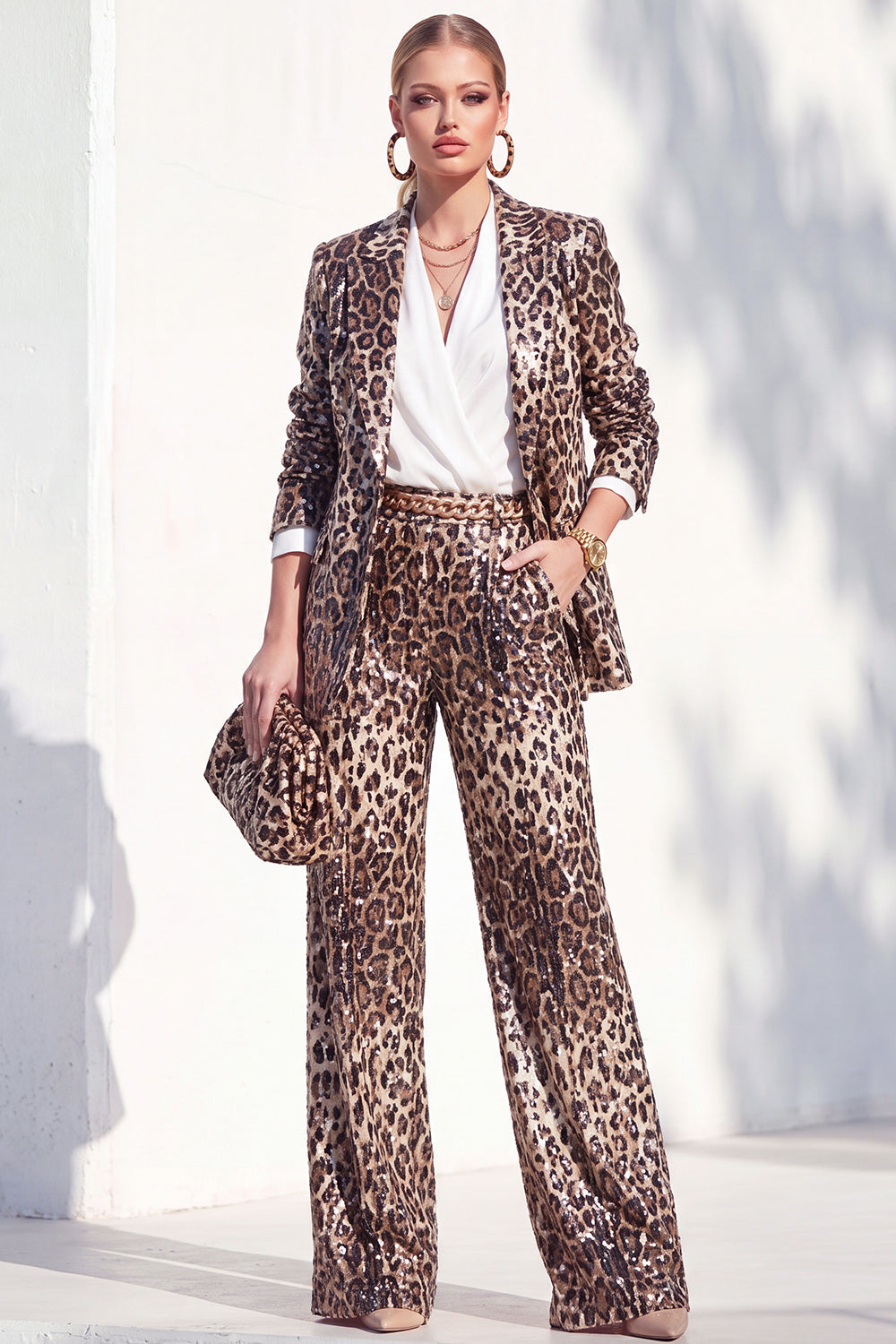Coffee Cheetah 2 Piece Sparkly Print Peak Lapel Sequin Women Suits