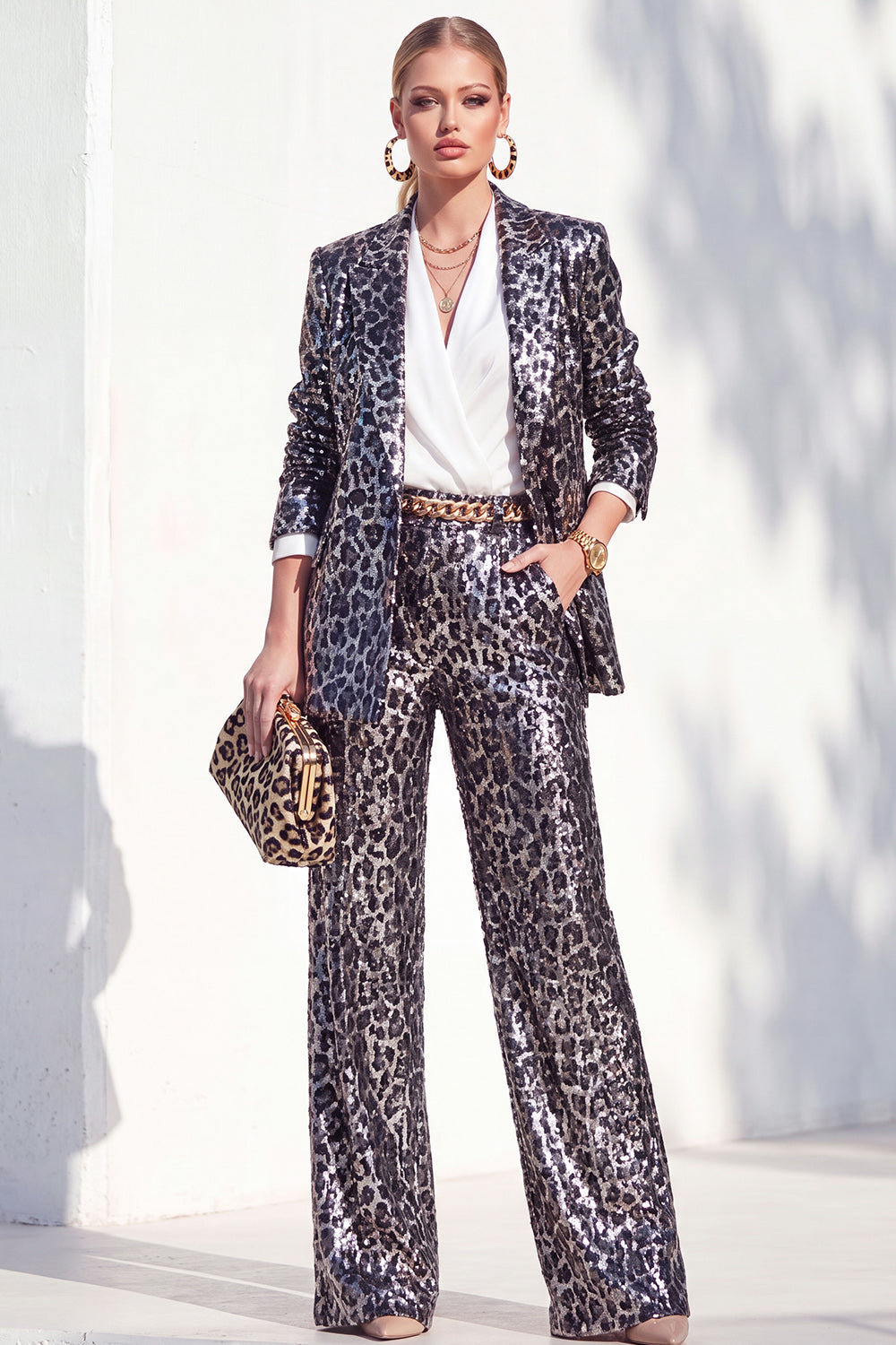 Coffee Cheetah 2 Piece Sparkly Print Peak Lapel Sequin Women Suits