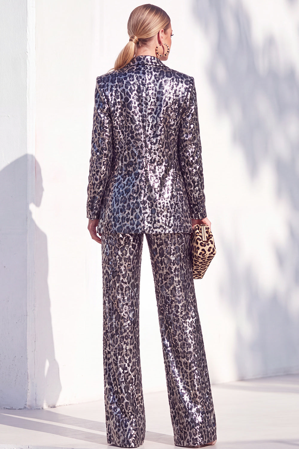 Coffee Cheetah 2 Piece Sparkly Print Peak Lapel Sequin Women Suits