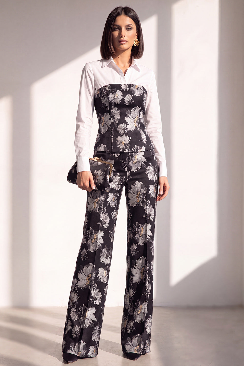 2 Piece Black Silver Floral Lapel Slim Fit Work Suits
