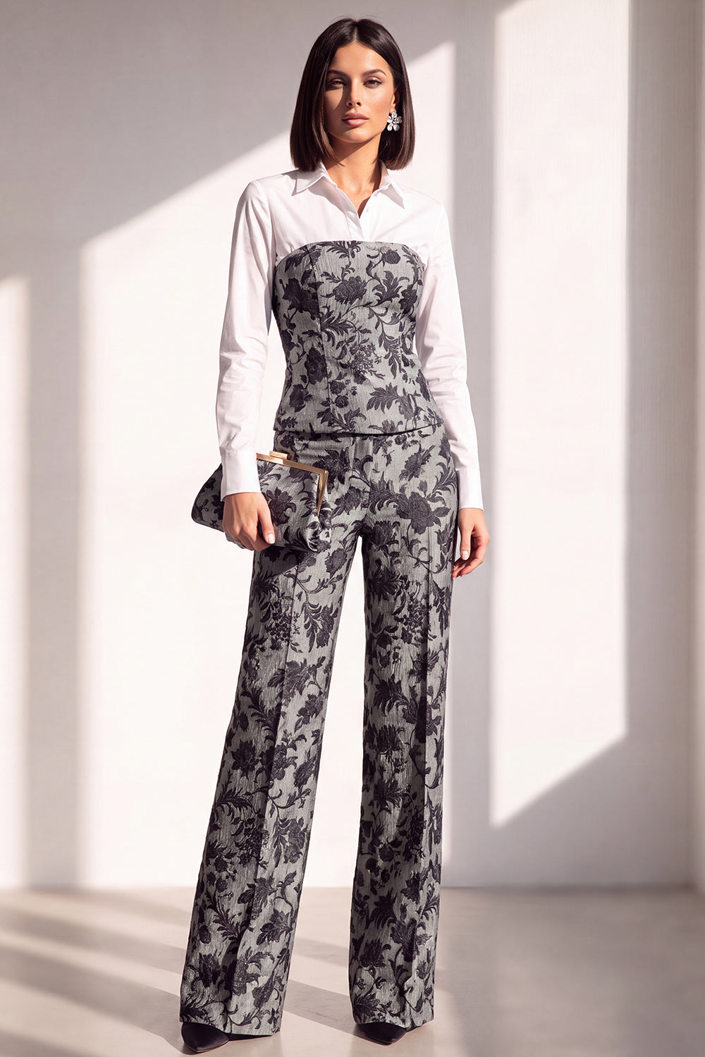 2 Piece Black Silver Floral Lapel Slim Fit Work Suits