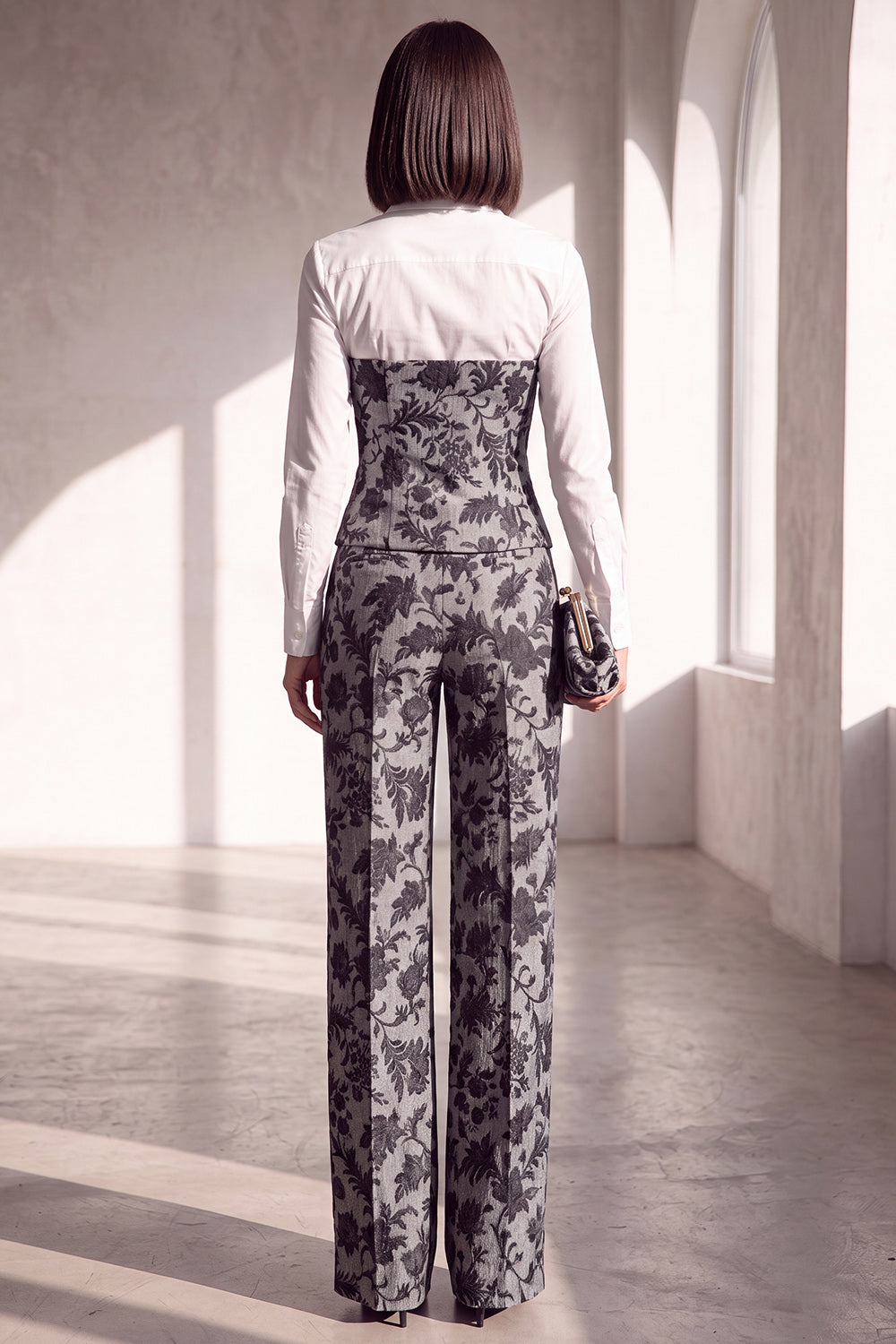 2 Piece Black Silver Floral Lapel Slim Fit Work Suits