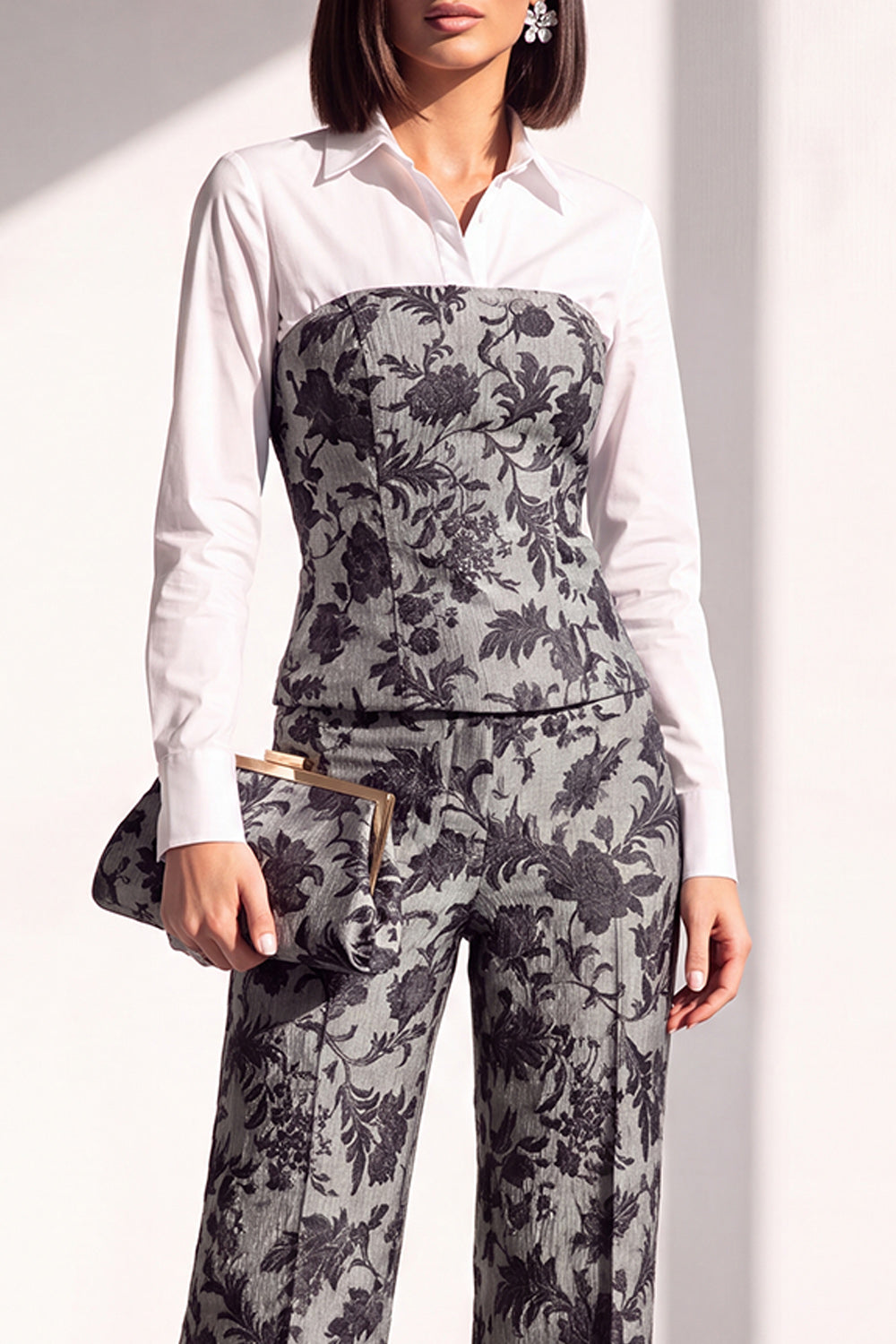 2 Piece Black Silver Floral Lapel Slim Fit Work Suits