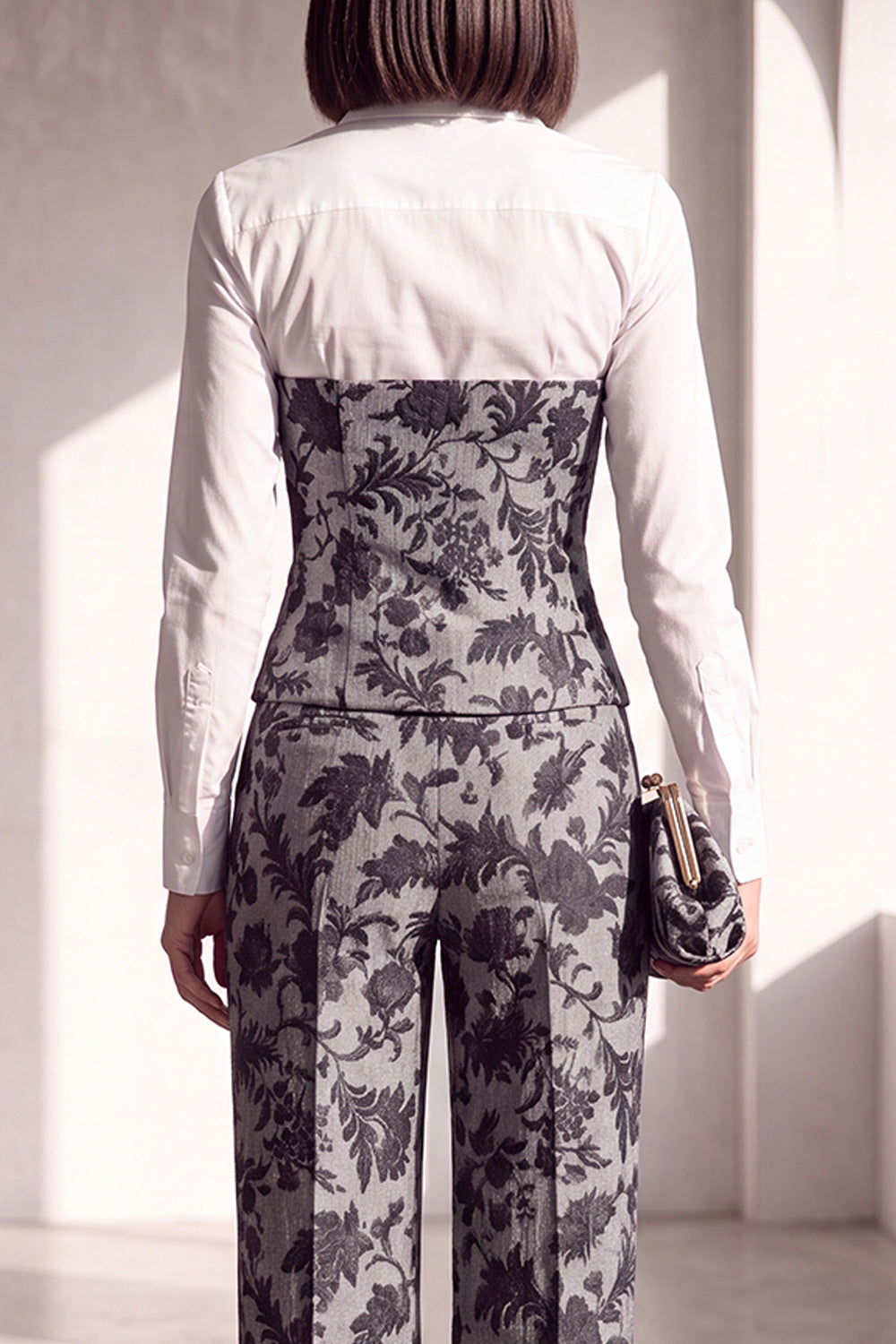2 Piece Black Silver Floral Lapel Slim Fit Work Suits