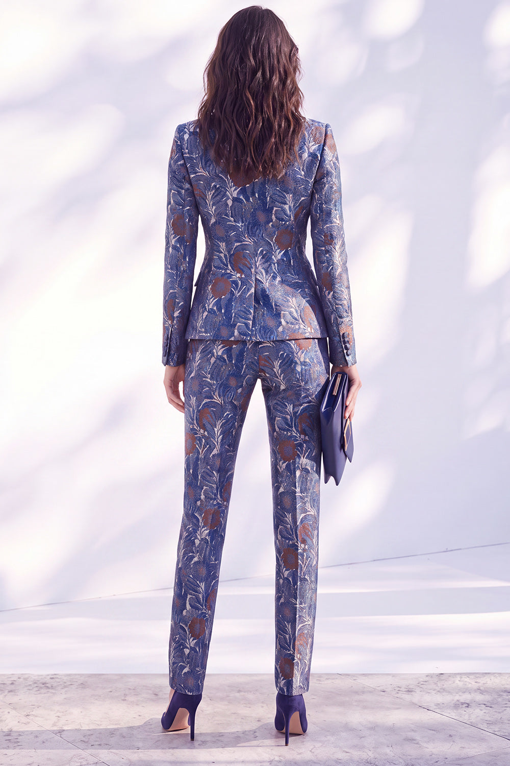 Grey Purple Floral 2 Piece Peak Lapel Slim Fit Women Suits