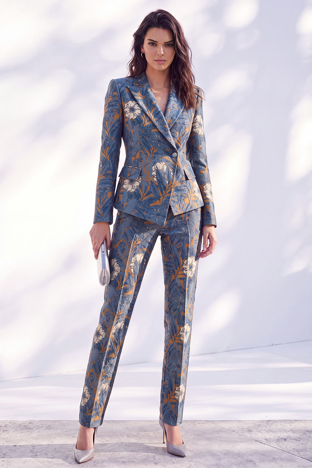 Grey Purple Floral 2 Piece Peak Lapel Slim Fit Women Suits