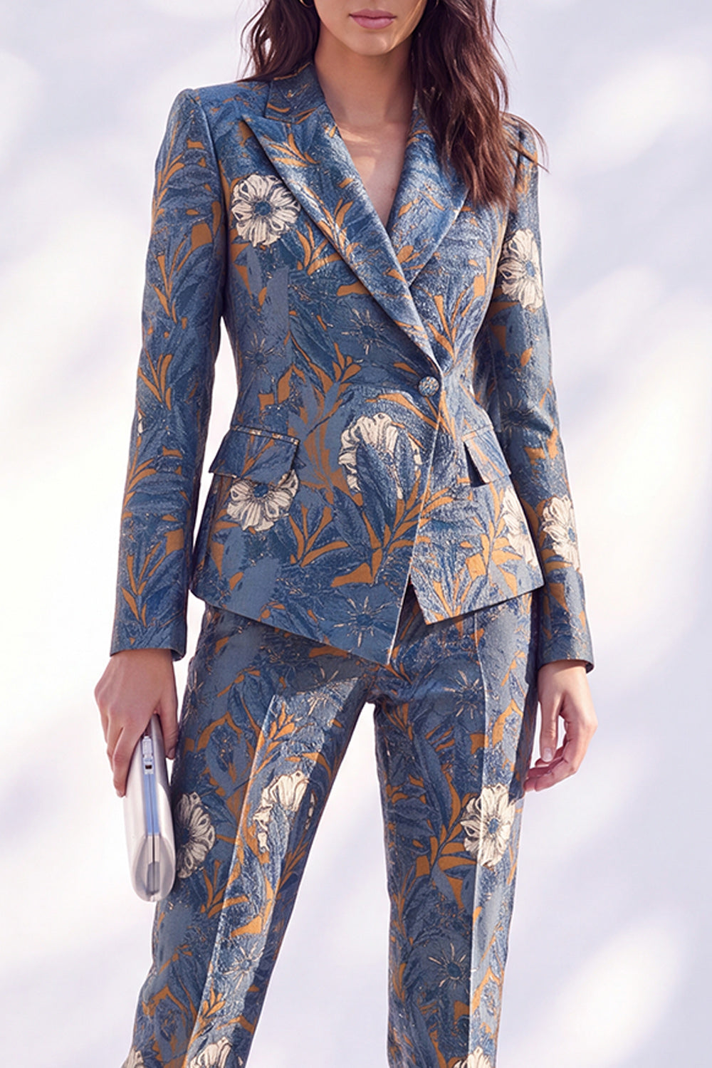 Grey Purple Floral 2 Piece Peak Lapel Slim Fit Women Suits