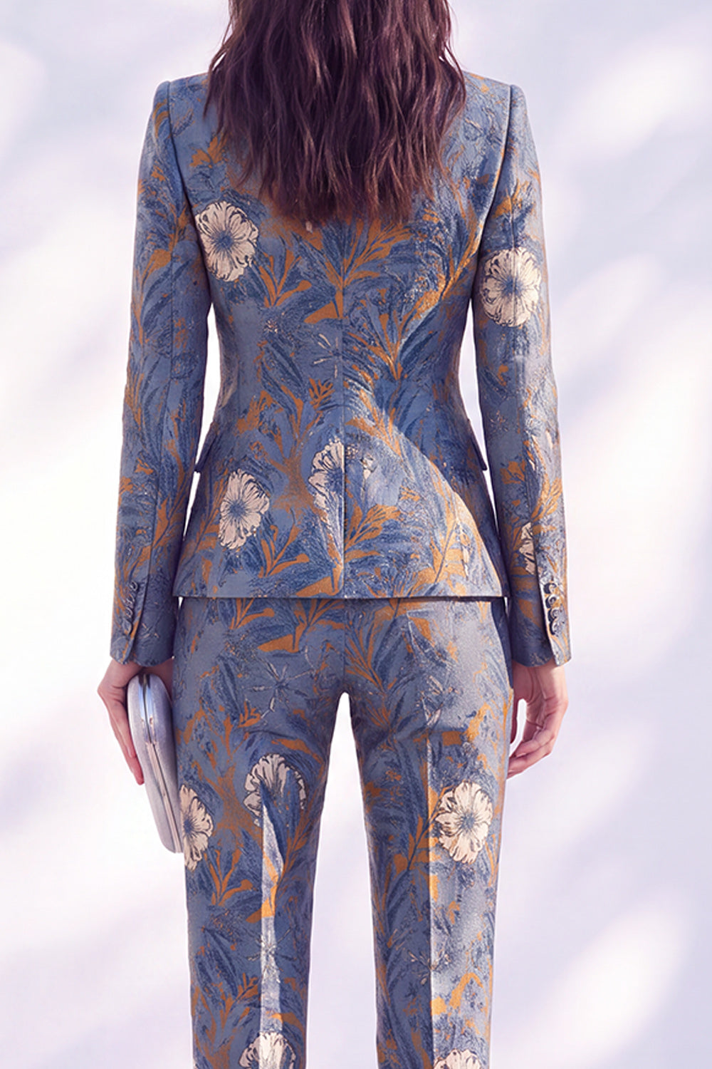 Grey Purple Floral 2 Piece Peak Lapel Slim Fit Women Suits