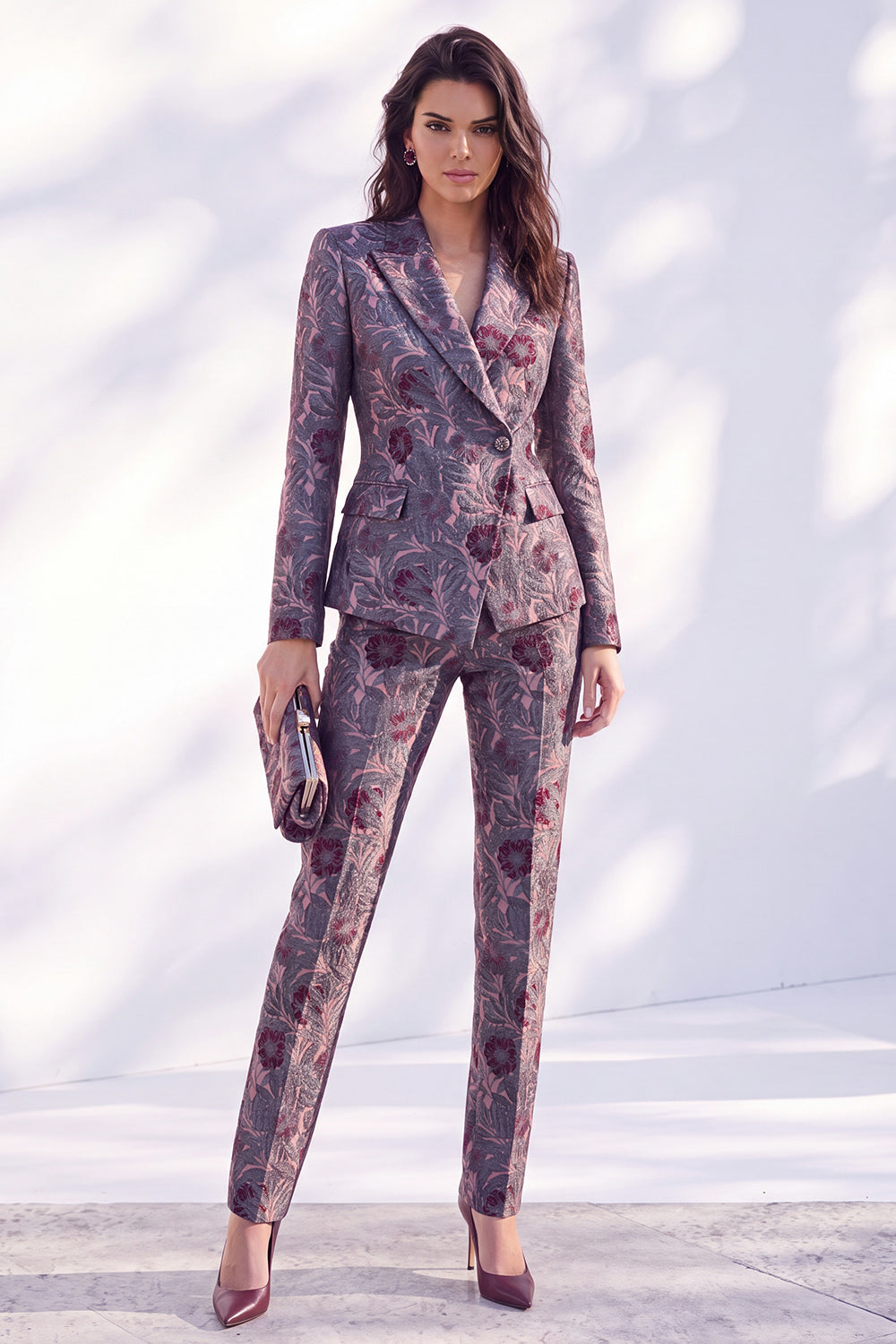 Grey Purple Floral 2 Piece Peak Lapel Slim Fit Women Suits