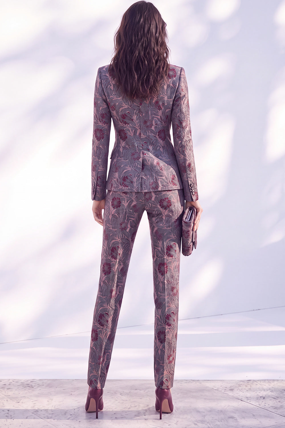 Grey Purple Floral 2 Piece Peak Lapel Slim Fit Women Suits