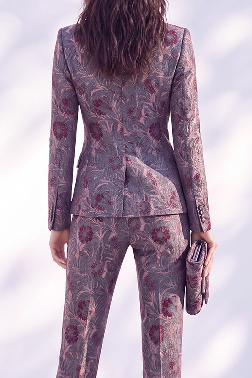 Grey Purple Floral 2 Piece Peak Lapel Slim Fit Women Suits