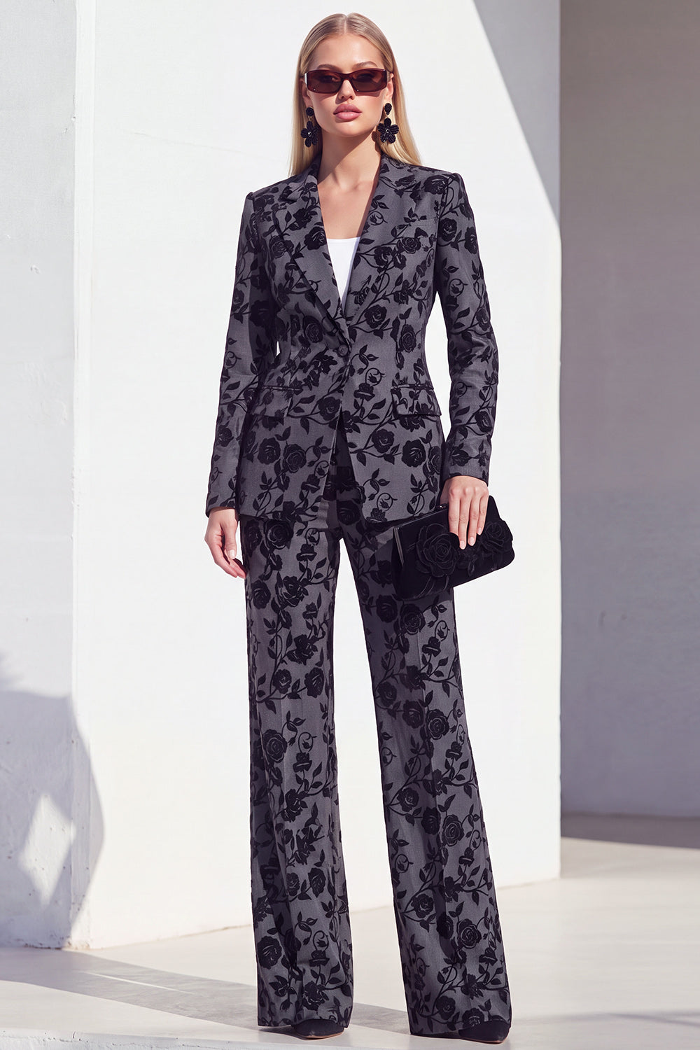 2 Piece Floral Grey Notched Lapel Slim Fit Work Suits