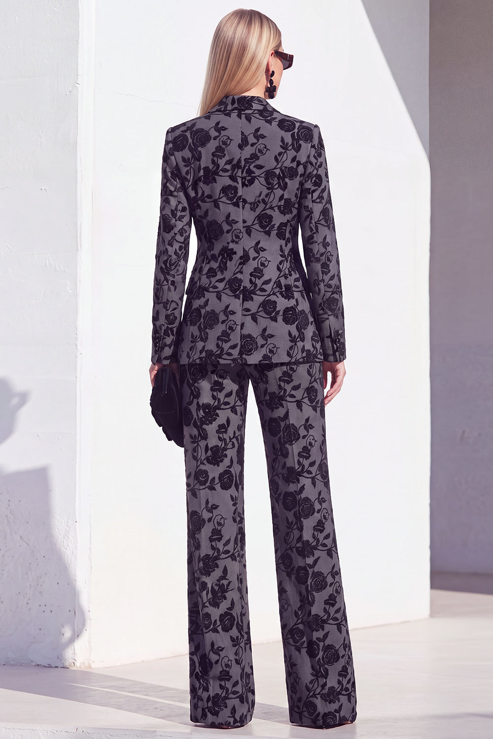 2 Piece Floral Grey Notched Lapel Slim Fit Work Suits