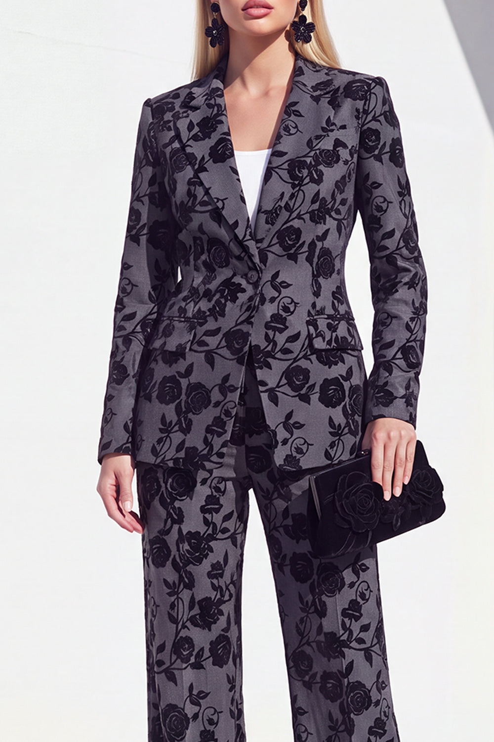 2 Piece Floral Grey Notched Lapel Slim Fit Work Suits