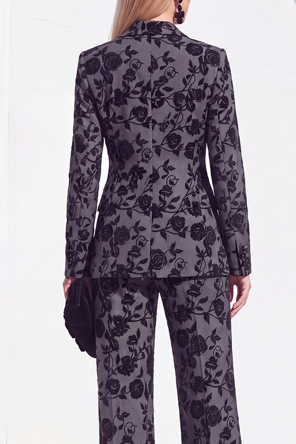 2 Piece Floral Grey Notched Lapel Slim Fit Work Suits