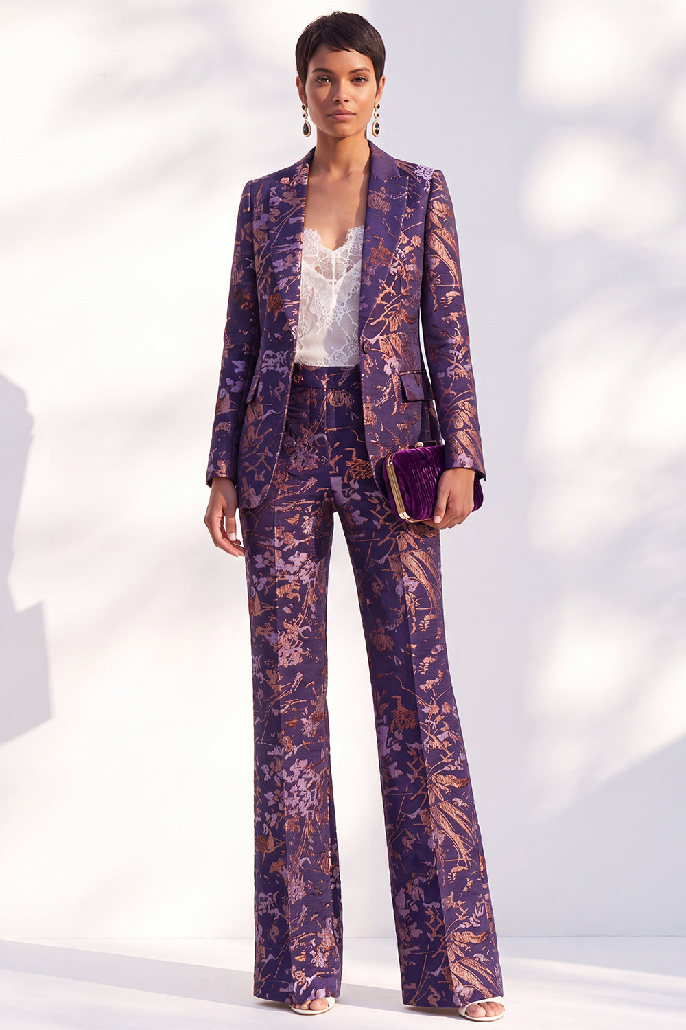 Dark Purple 2 Piece Peak Lapel Floral Slim Fit Women Suit