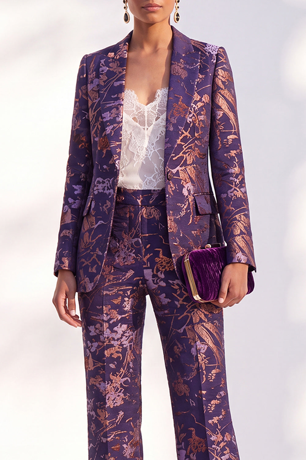 Dark Purple 2 Piece Peak Lapel Floral Slim Fit Women Suit