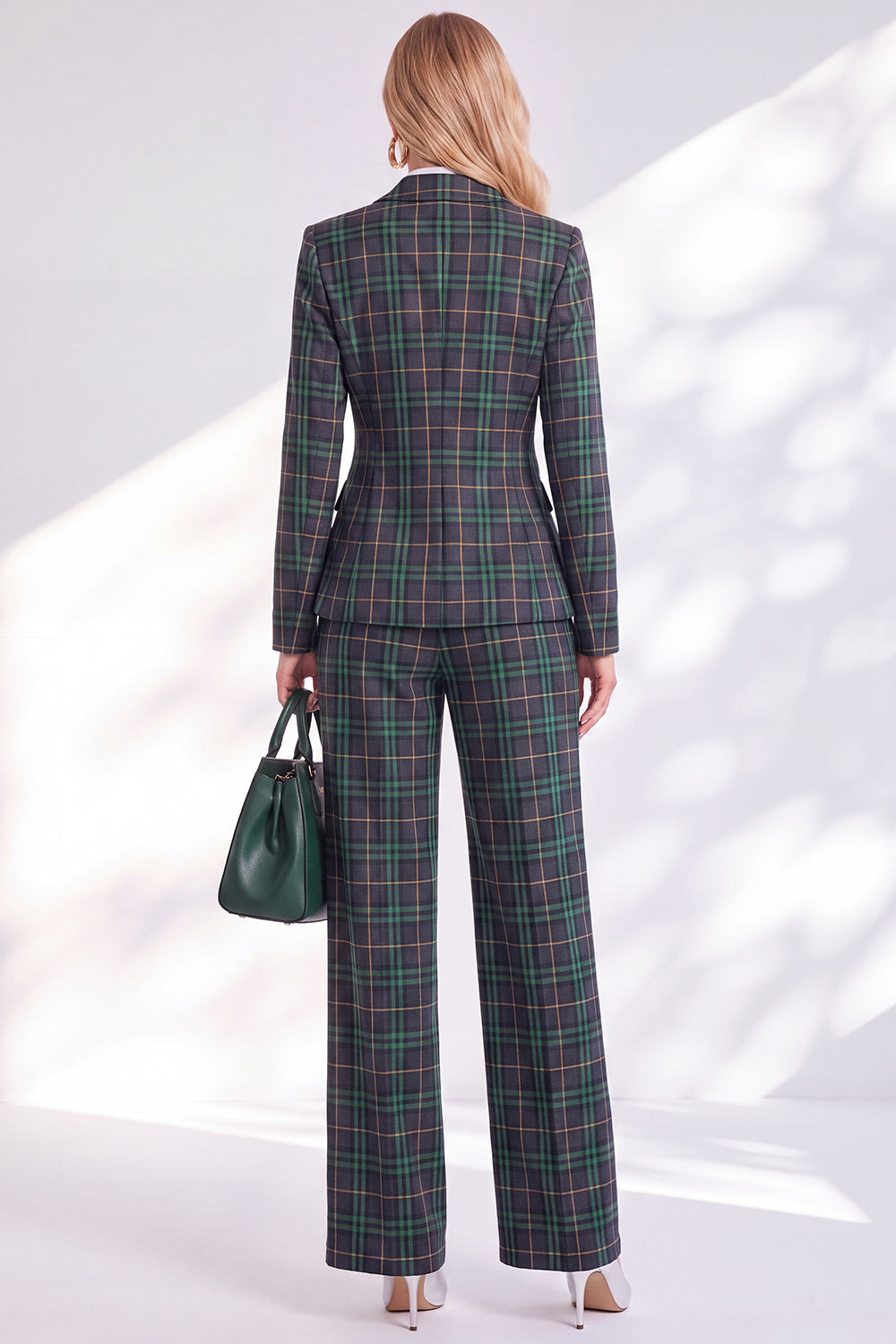 Green Grid Double Breasted 2 Piece Peak Lapel Work Suits with Pockets