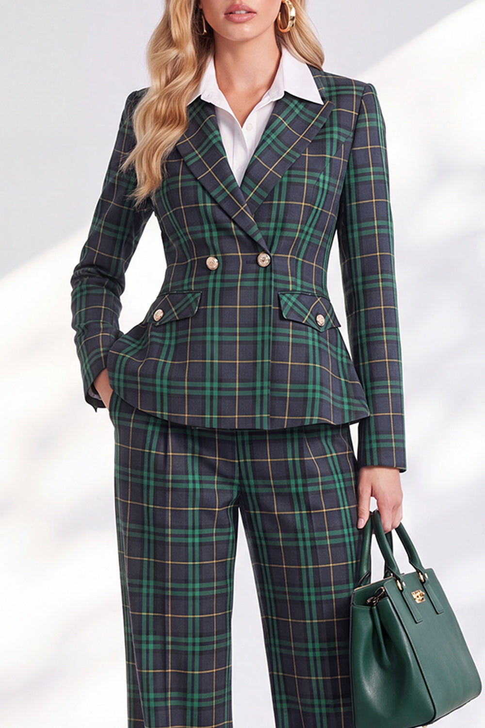 Green Grid Double Breasted 2 Piece Peak Lapel Work Suits with Pockets