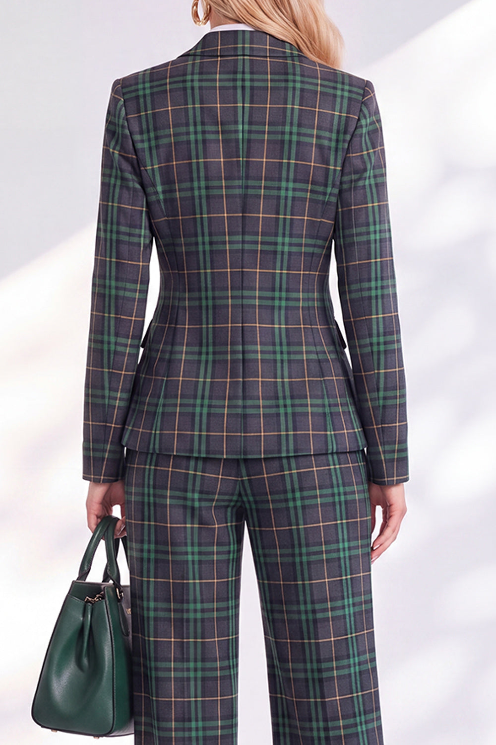 Green Grid Double Breasted 2 Piece Peak Lapel Work Suits with Pockets