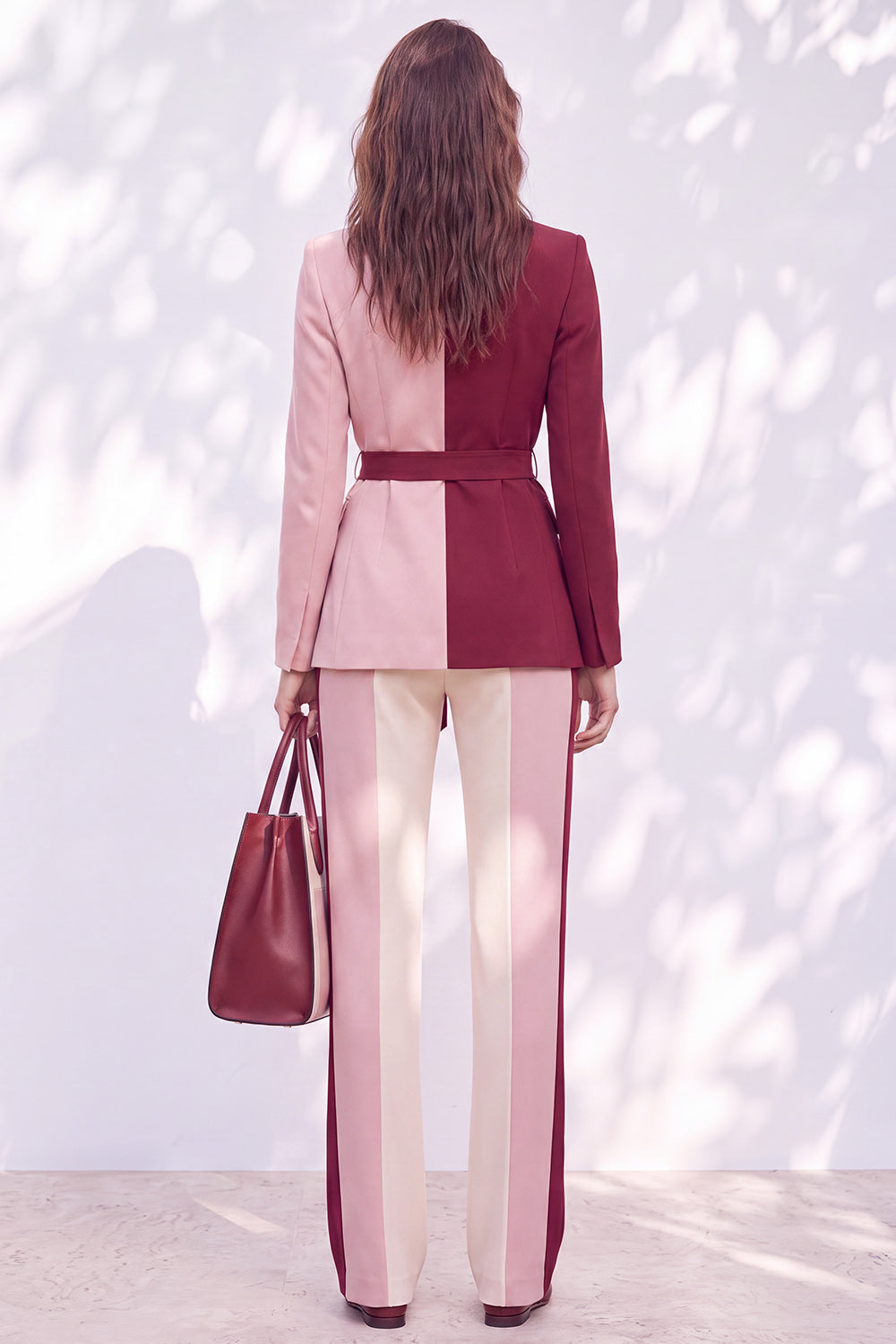 Pink Burgundy 2 Piece Peak Lapel Patchwork Work Suits with Sash