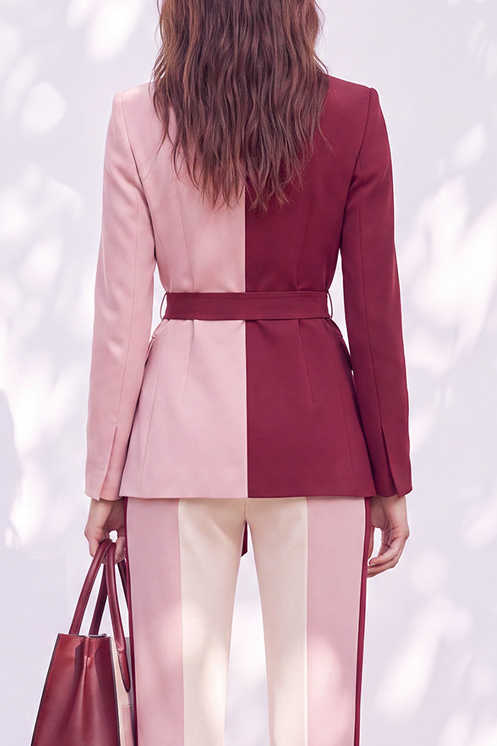 Pink Burgundy 2 Piece Peak Lapel Patchwork Work Suits with Sash