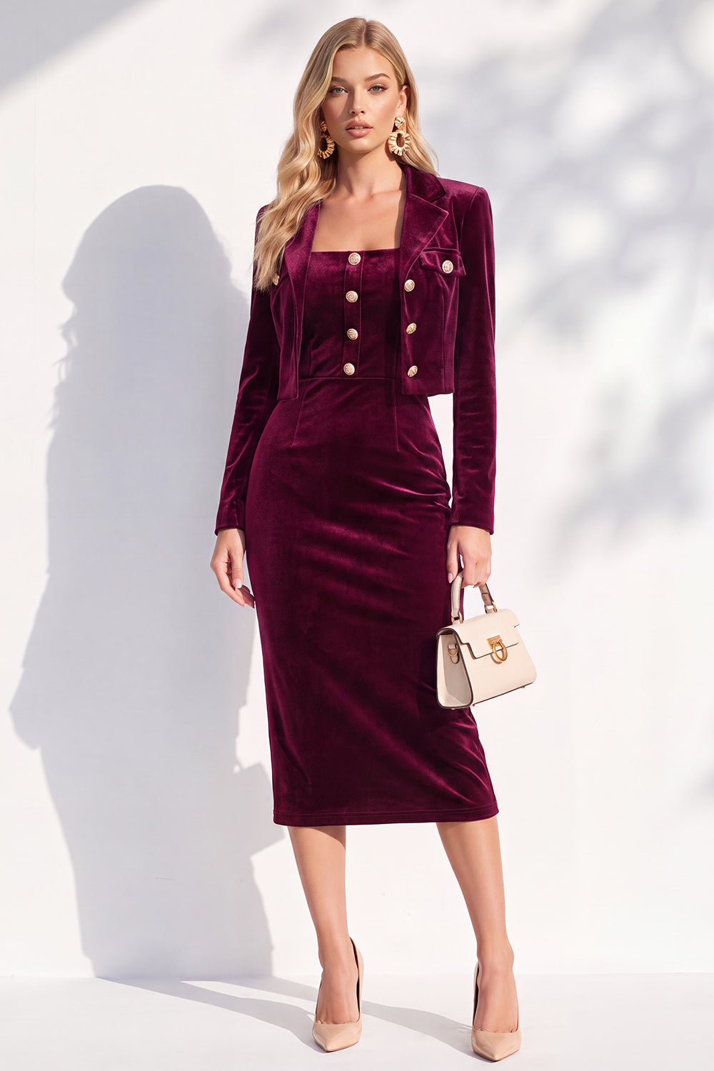 Dark Blue 2 Piece Velvet Notched Lapel Single Breasted Blazer Dress