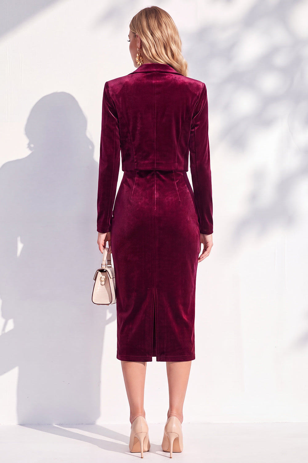 Dark Blue 2 Piece Velvet Notched Lapel Single Breasted Blazer Dress