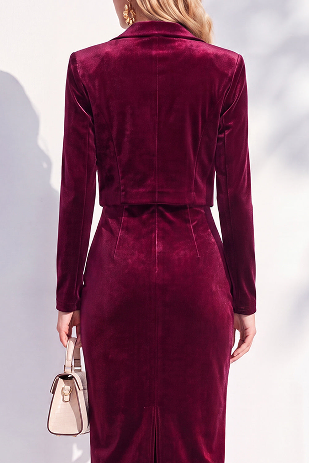 Dark Blue 2 Piece Velvet Notched Lapel Single Breasted Blazer Dress