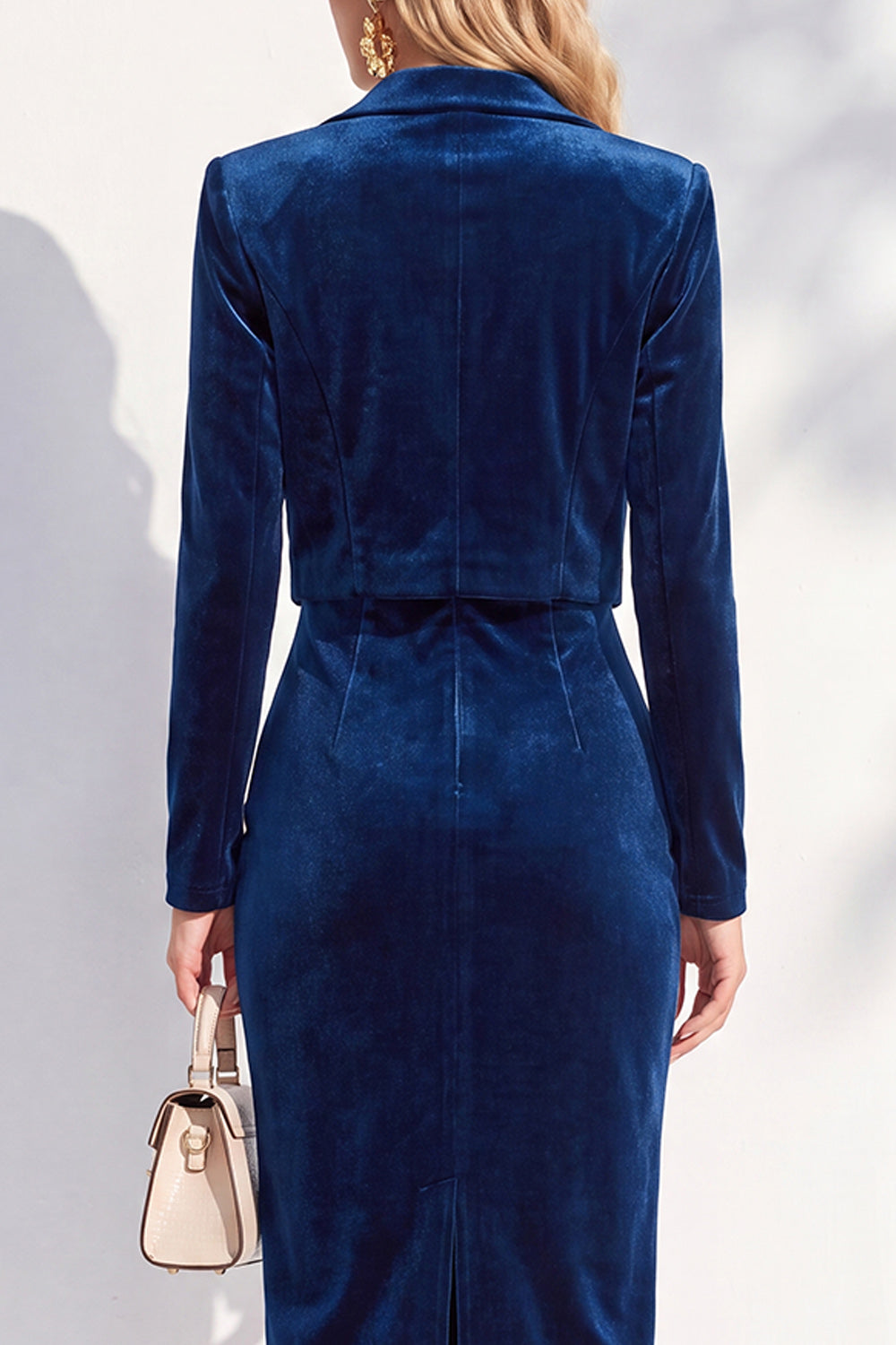 Dark Blue 2 Piece Velvet Notched Lapel Single Breasted Blazer Dress