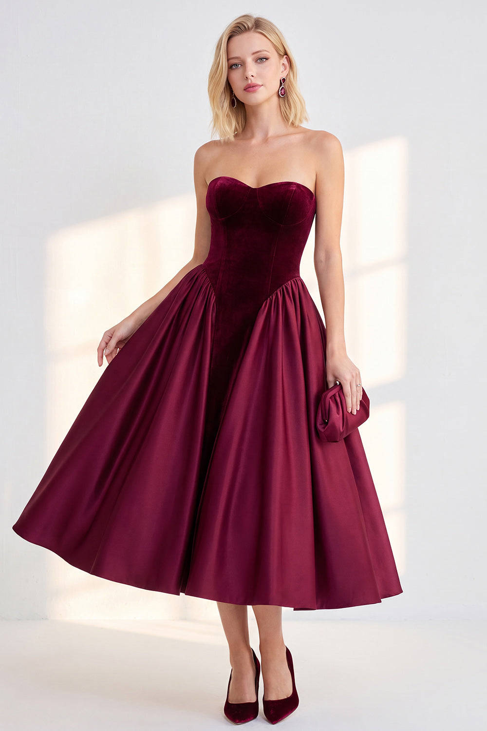 Dark Green A Line Velvet Sweetheart Midi Work Dress