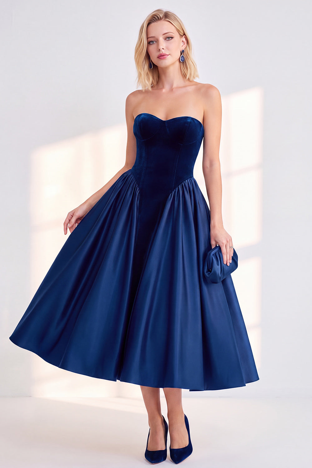 Dark Green A Line Velvet Sweetheart Midi Work Dress