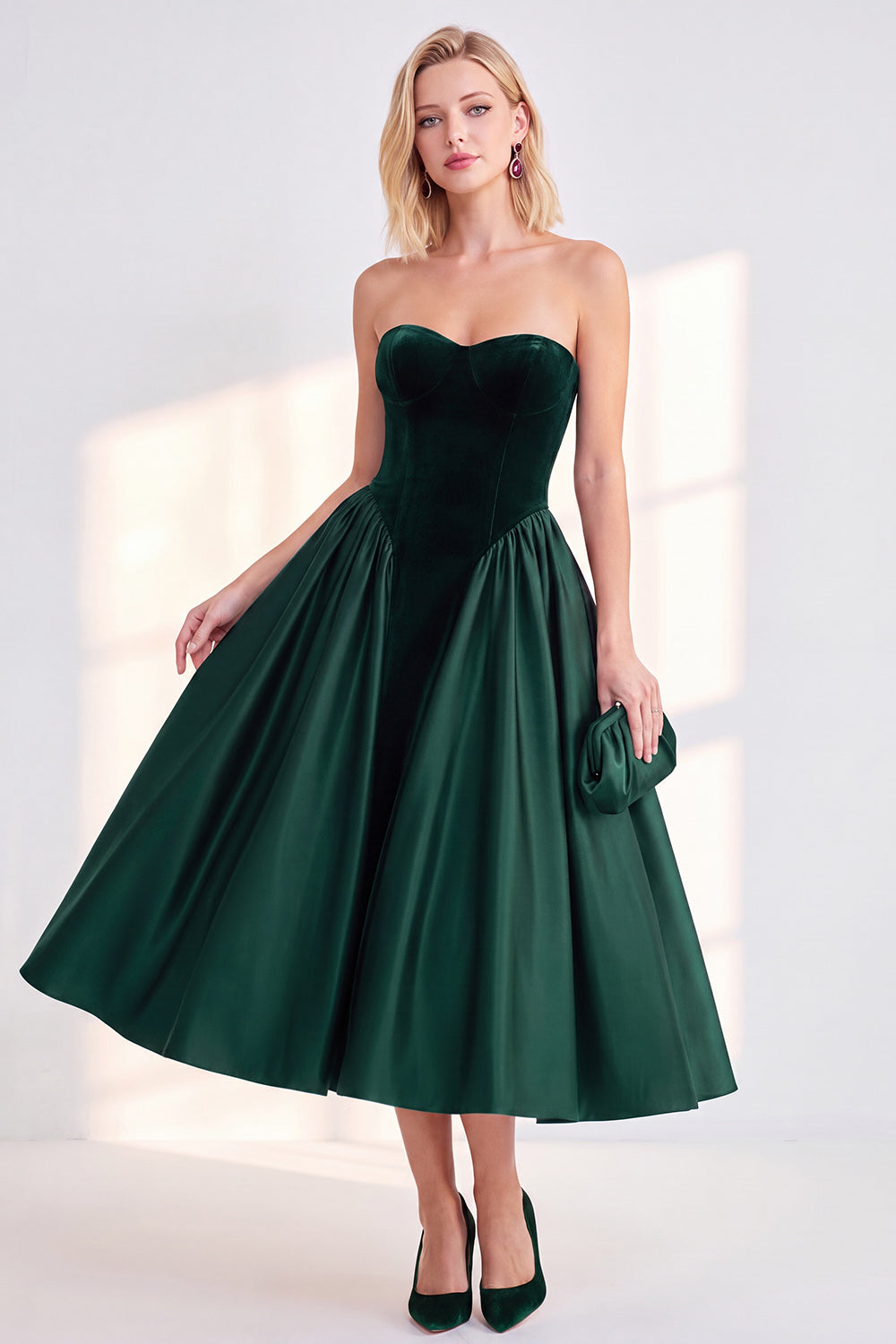 Dark Green A Line Velvet Sweetheart Midi Work Dress