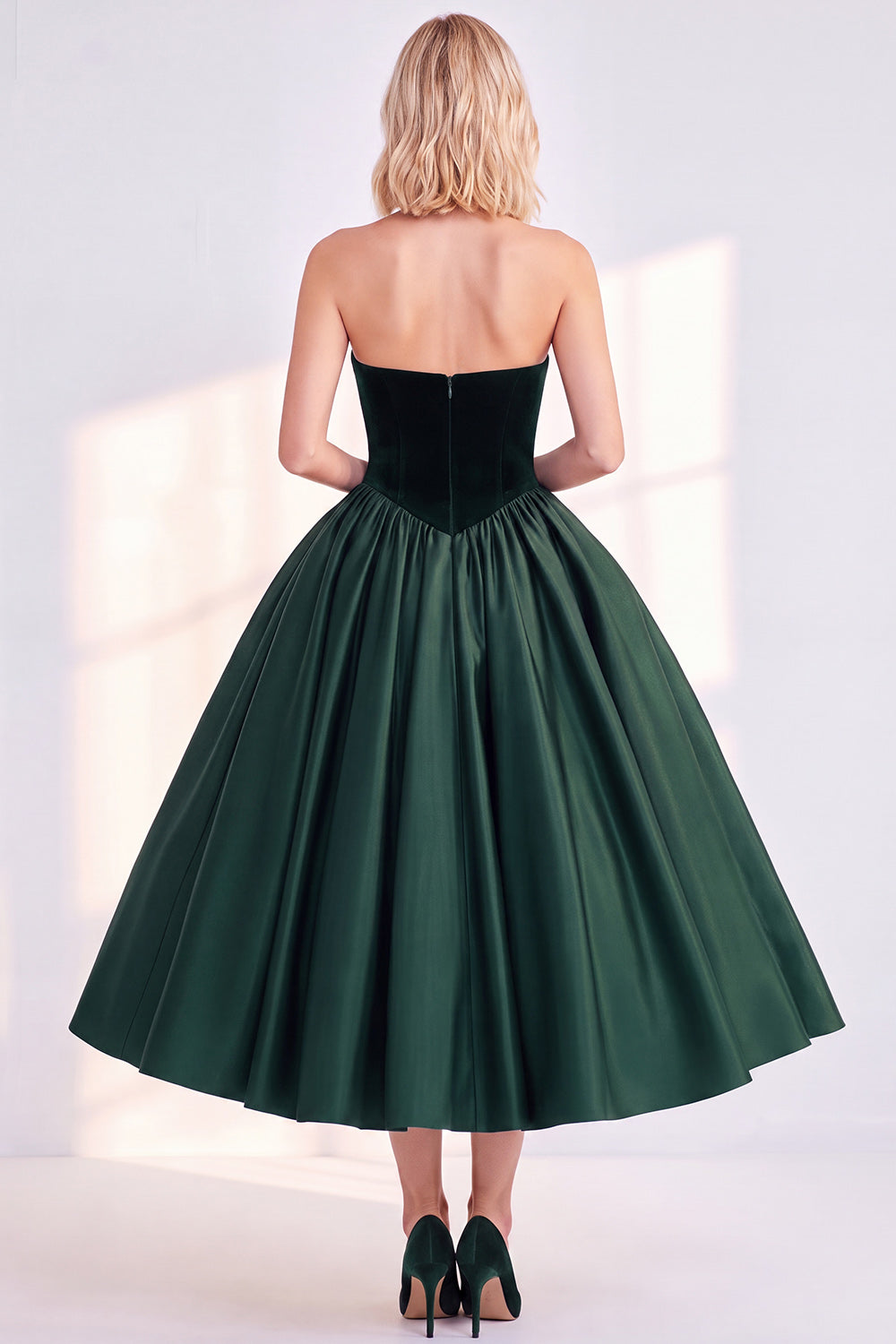 Dark Green A Line Velvet Sweetheart Midi Work Dress
