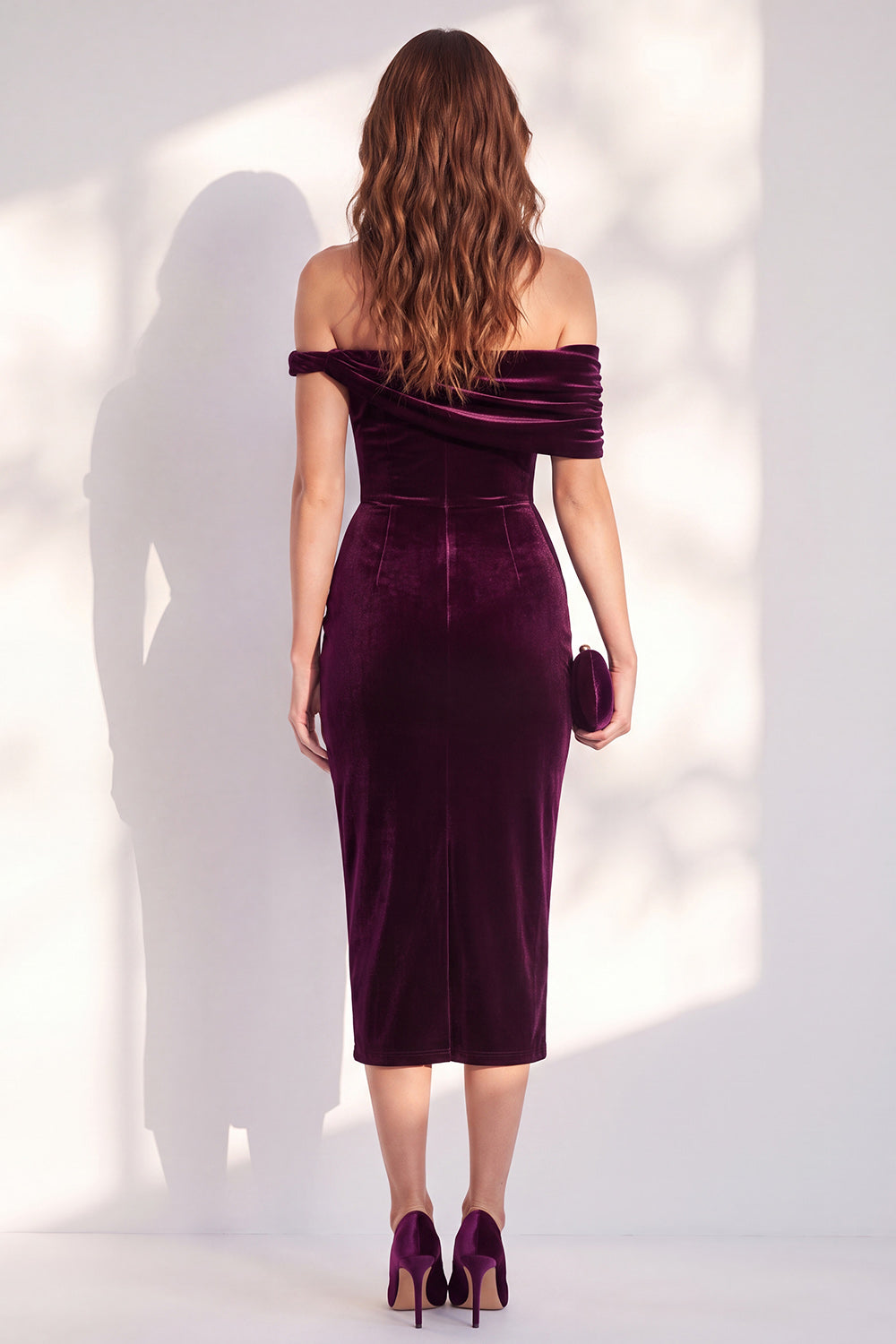 Dark Blue Velvet Off the Shoulder Bodycon Midi Work Dress