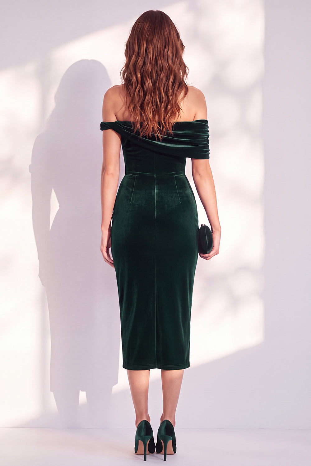 Dark Blue Velvet Off the Shoulder Bodycon Midi Work Dress
