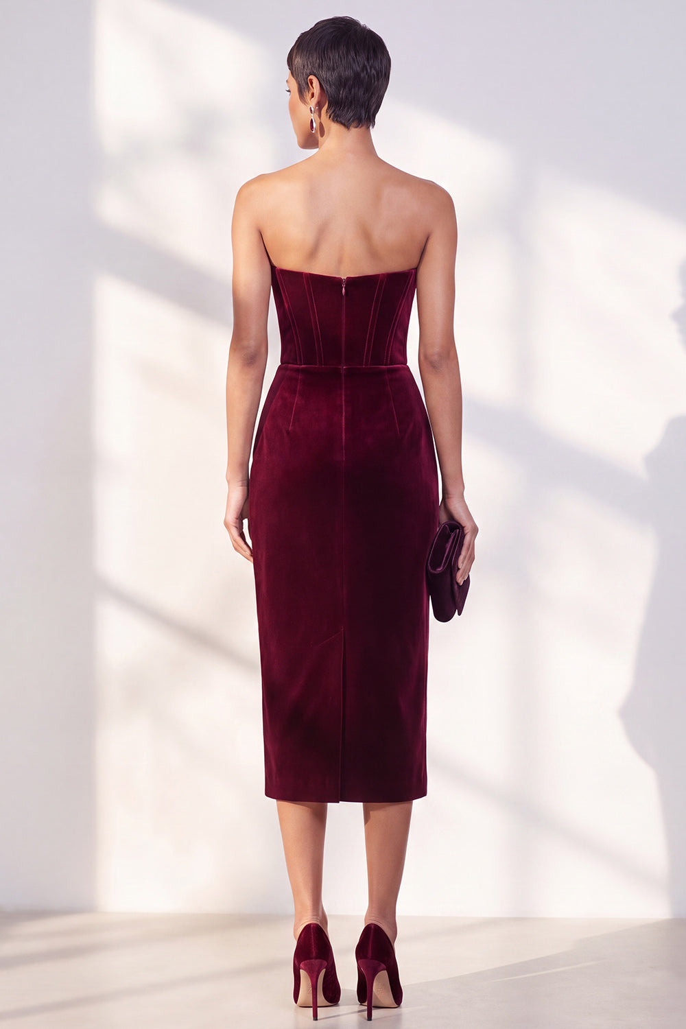 Dark Blue Corset Velvet Bodycon Sweetheart Midi Work Dress