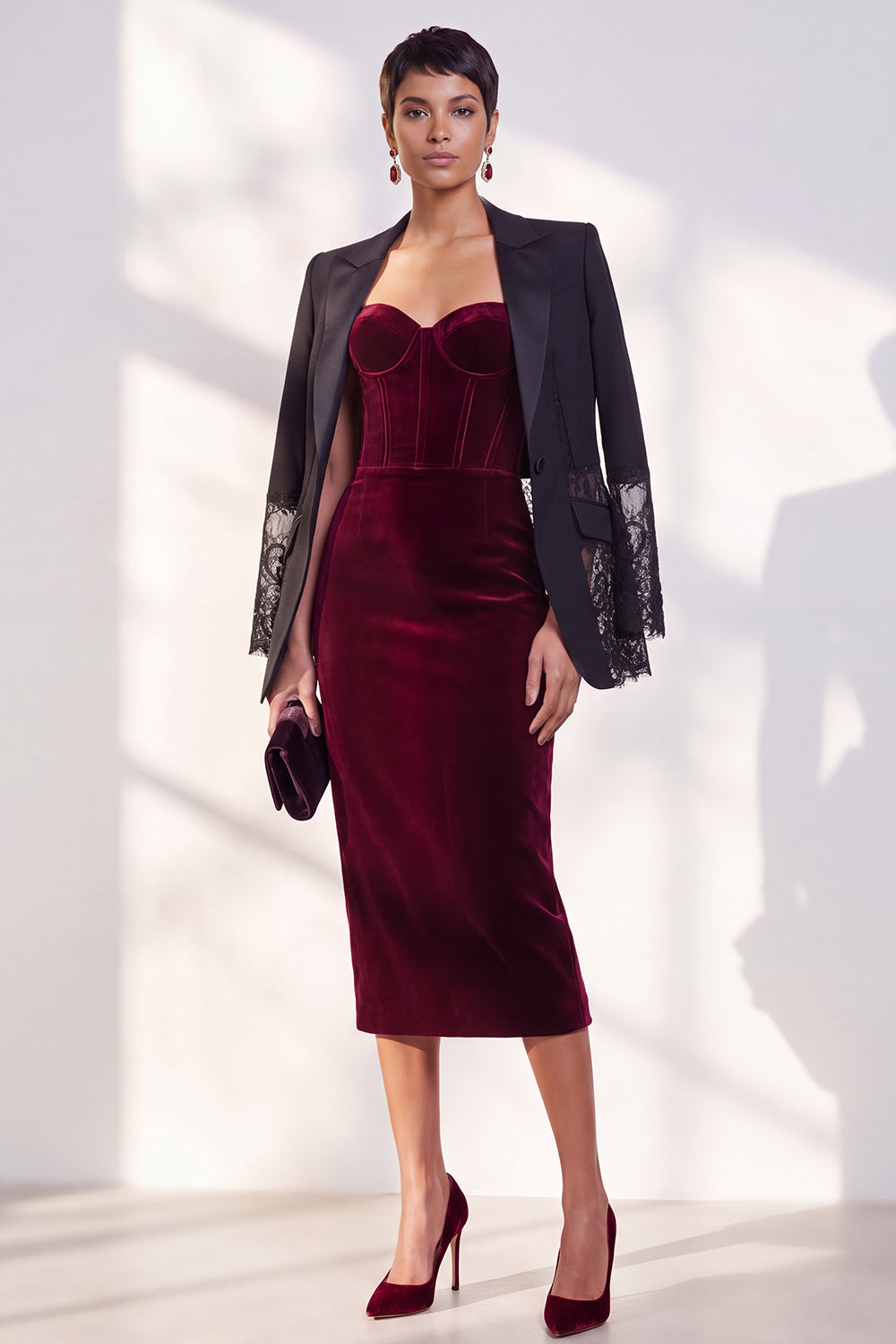 Dark Blue Corset Velvet Bodycon Sweetheart Midi Work Dress