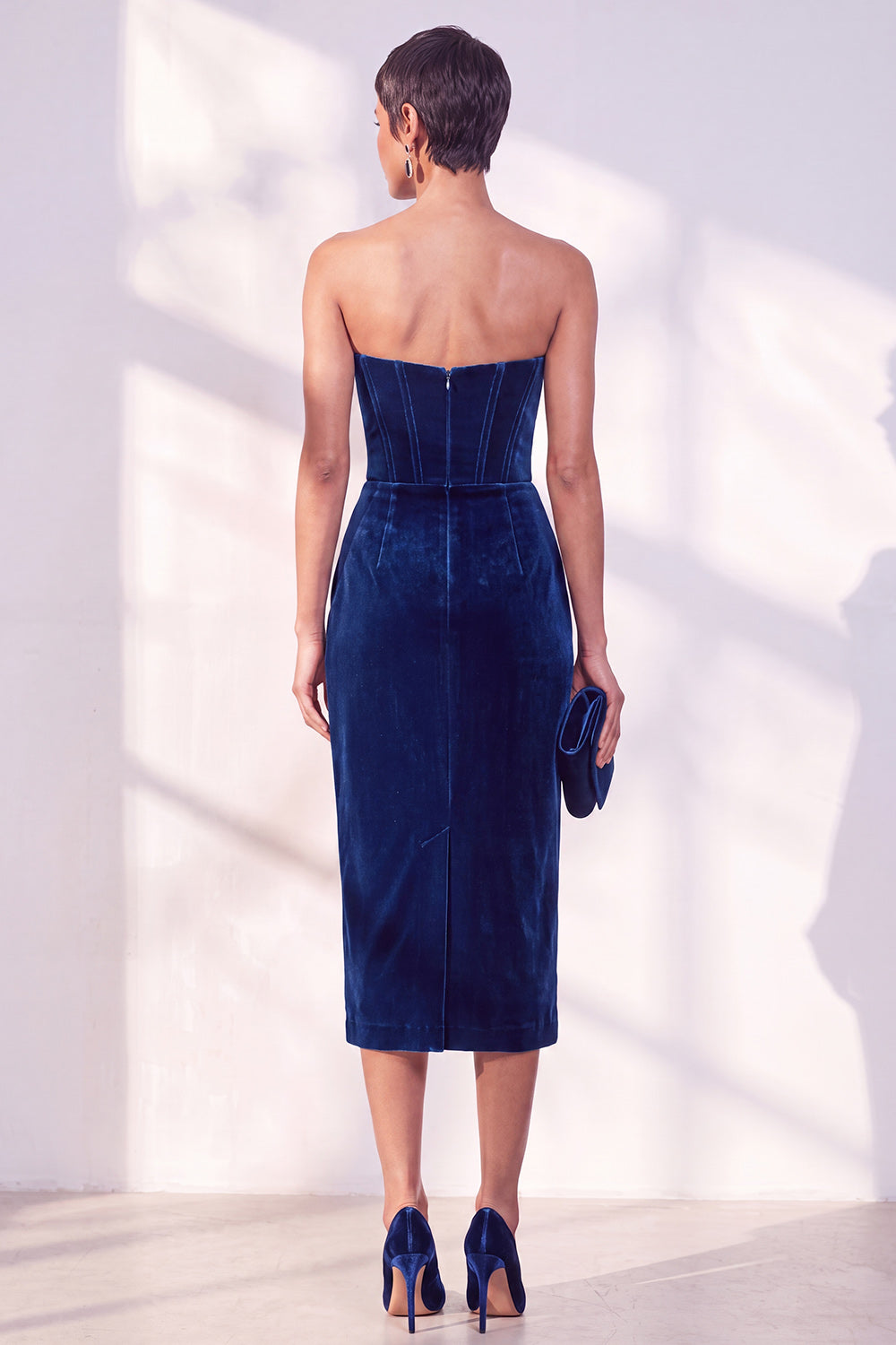 Dark Blue Corset Velvet Bodycon Sweetheart Midi Work Dress