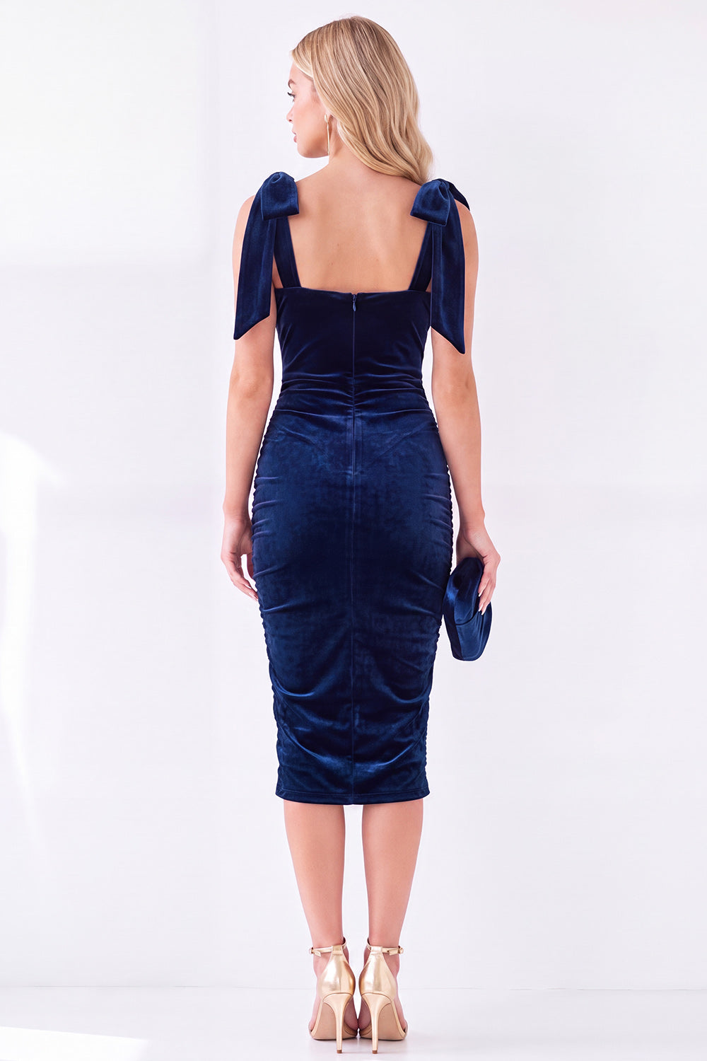 Dark Green Square Neck Velvet Bodycon Midi Work Dress with Bows