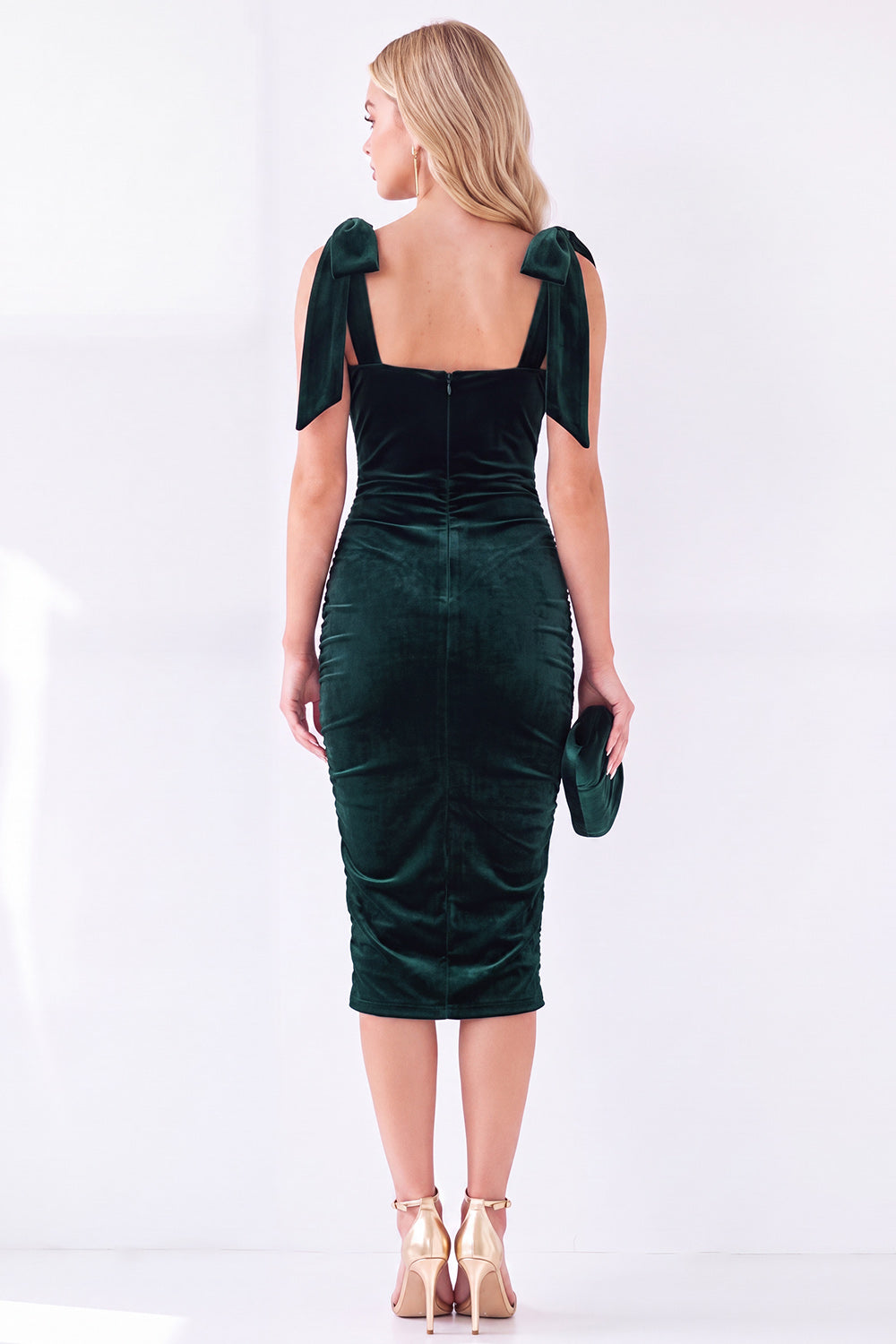 Dark Green Square Neck Velvet Bodycon Midi Work Dress with Bows