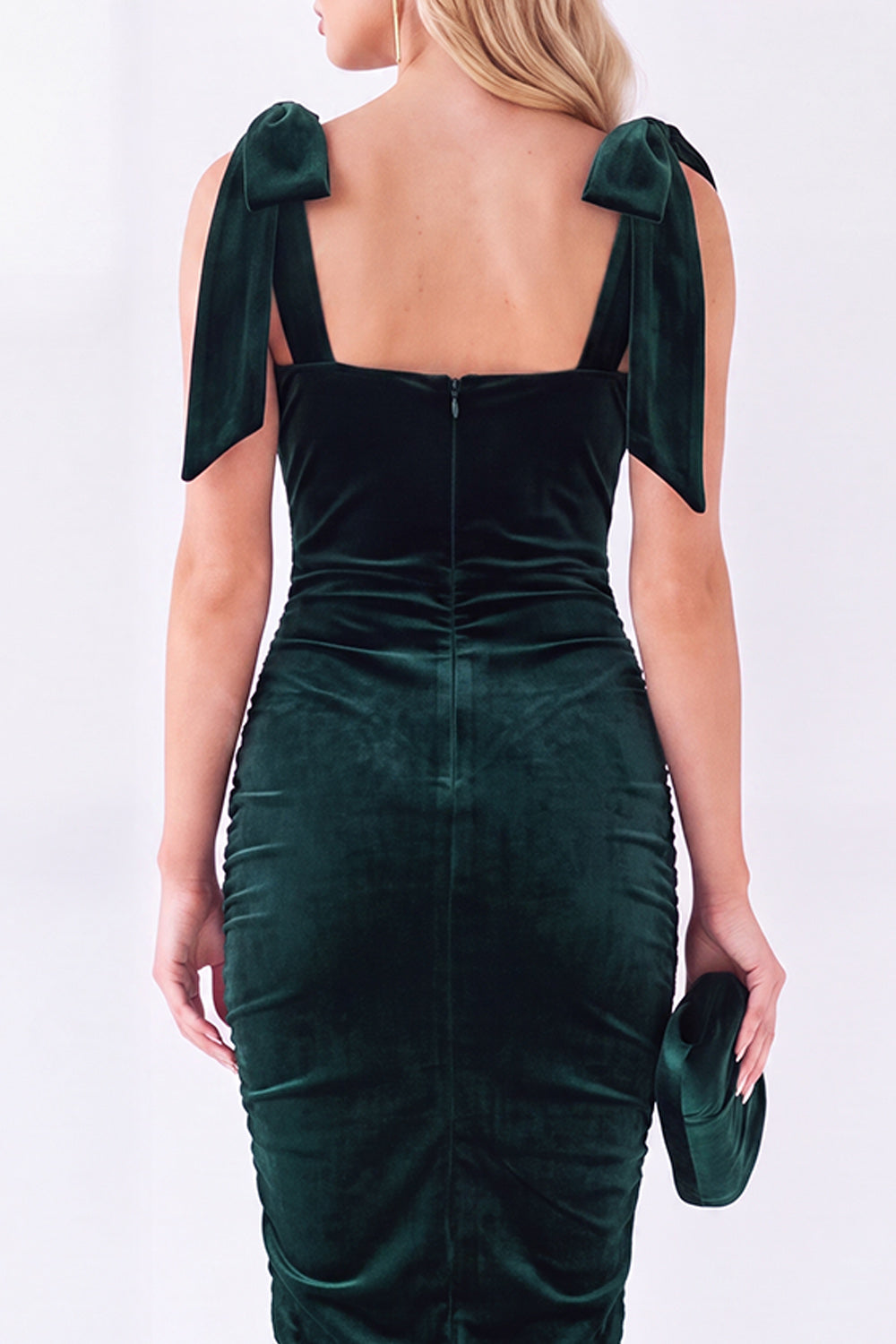 Dark Green Square Neck Velvet Bodycon Midi Work Dress with Bows