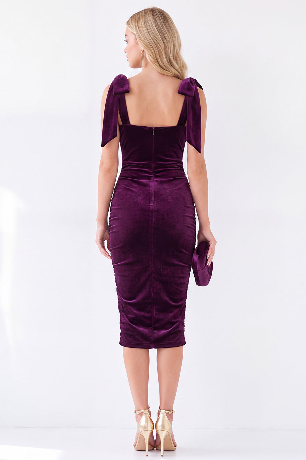 Dark Green Square Neck Velvet Bodycon Midi Work Dress with Bows