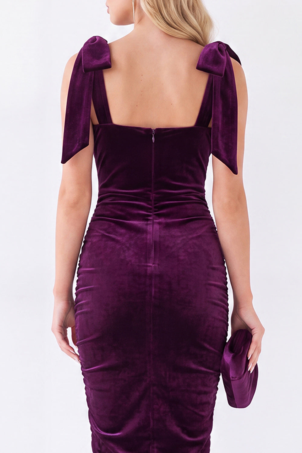 Dark Green Square Neck Velvet Bodycon Midi Work Dress with Bows
