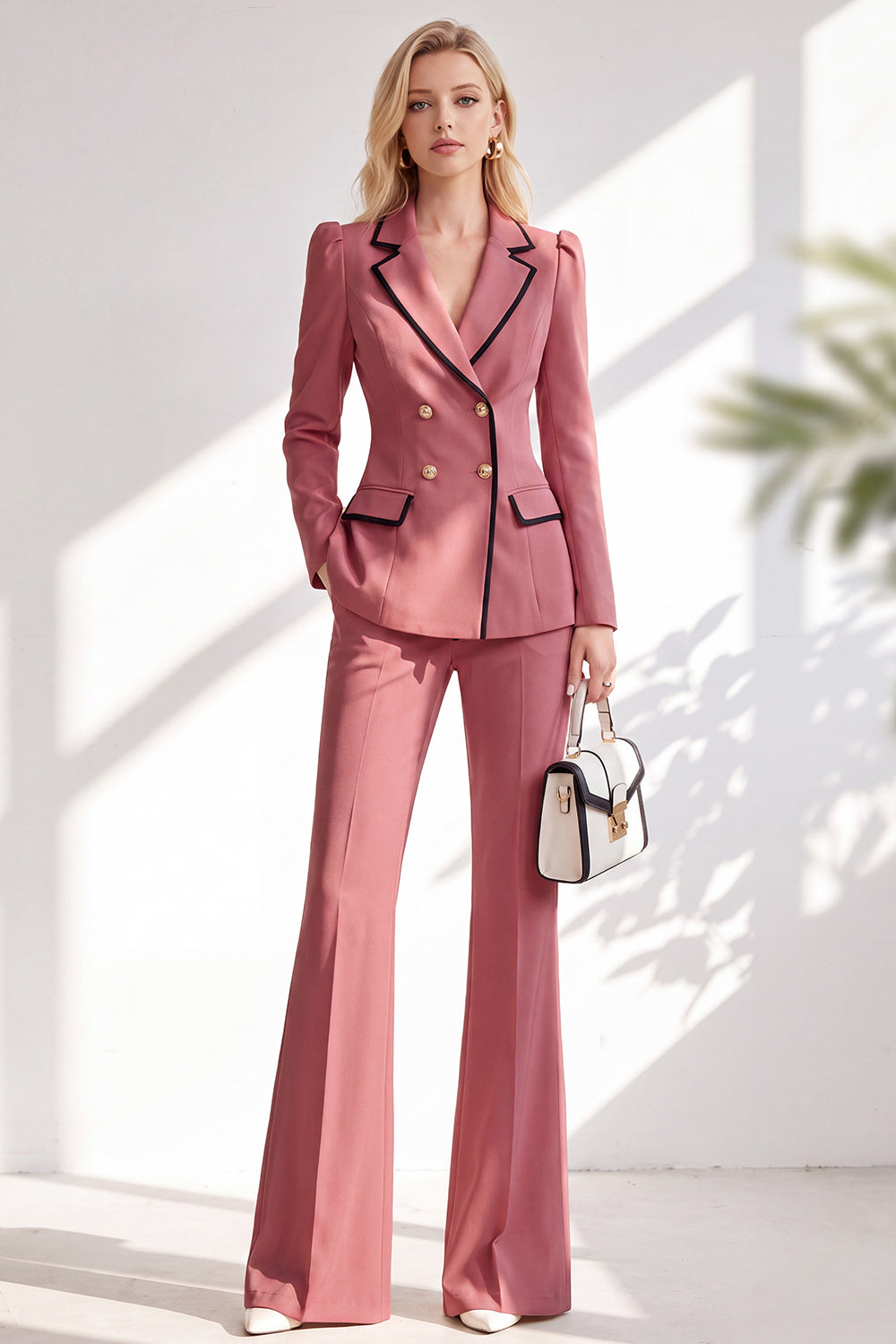 Dusty Rose Notched Lapel 2 Piece Slim Fit Double Breasted Work Suits