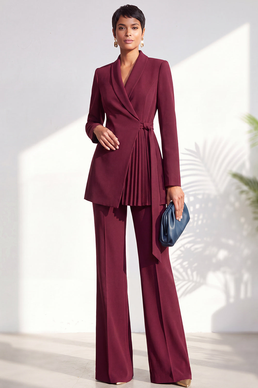 Dark Blue 2 Piece Shawl Lapel Pleated Work Suits with Sash