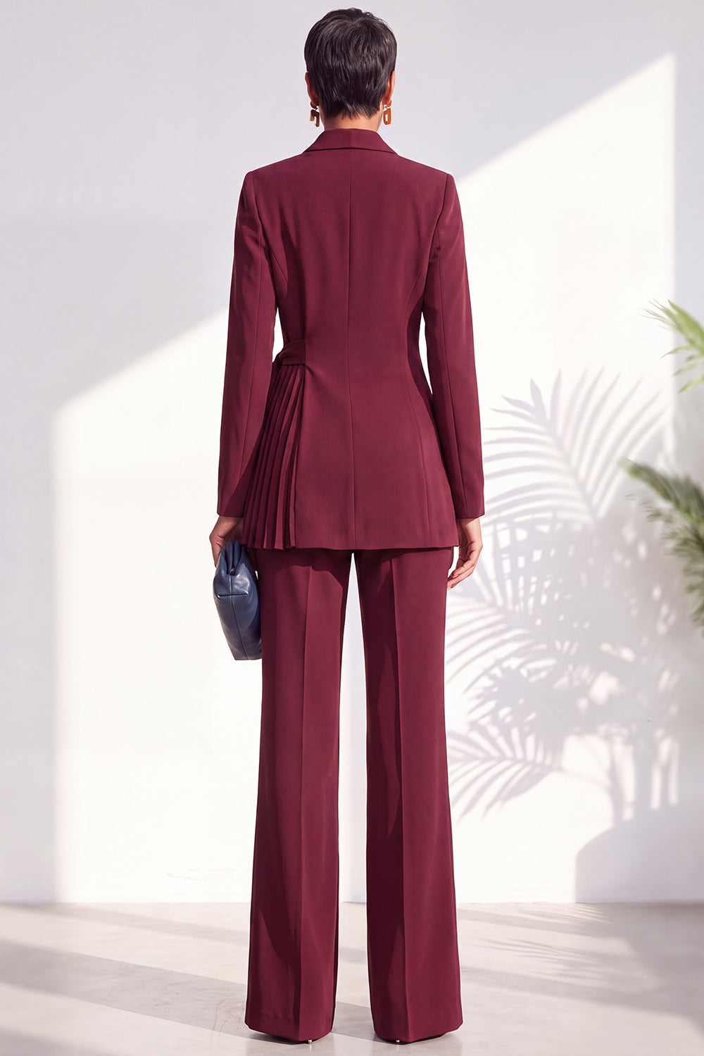 Dark Blue 2 Piece Shawl Lapel Pleated Work Suits with Sash